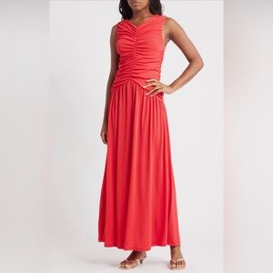 NWT Topshop Ruched V-Neck Red Maxi Dress, Size Small
